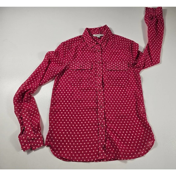 Pink and white polka dot long sleeve sheer button up size XXS ^ EUC - Picture 5 of 8